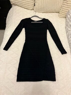 bebe Black Long-Sleeve Ribbed Bodycon Dress
